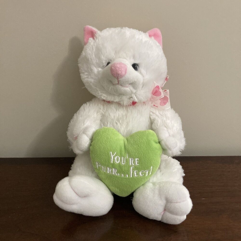 Sound N Light White Cat PURR FECT Green Heart Plush Stuffed Animal Valentine 14"